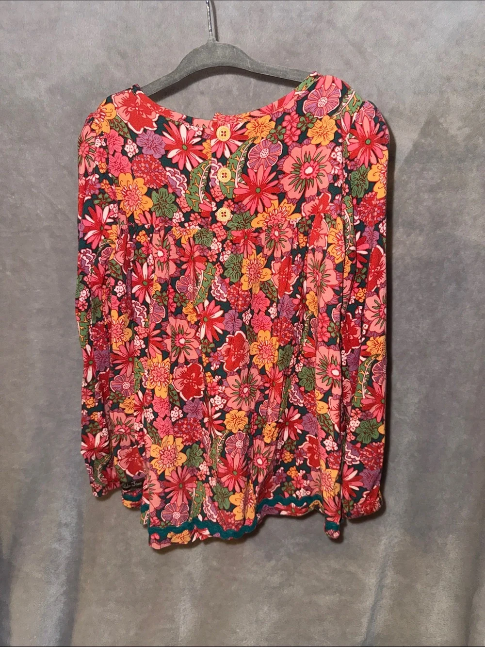 Matilda Jane Pink Floral Blouse with Teal Embroidered Yoke